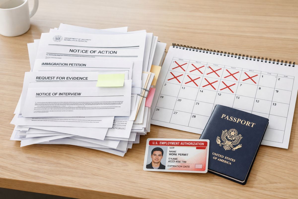 A stack of immigration forms and notices spread across a kitchen table beside a calendar marked with crossed-out weeks, a passport, and a work permit card, showing the strain of a case that is moving slowly and affecting daily life.