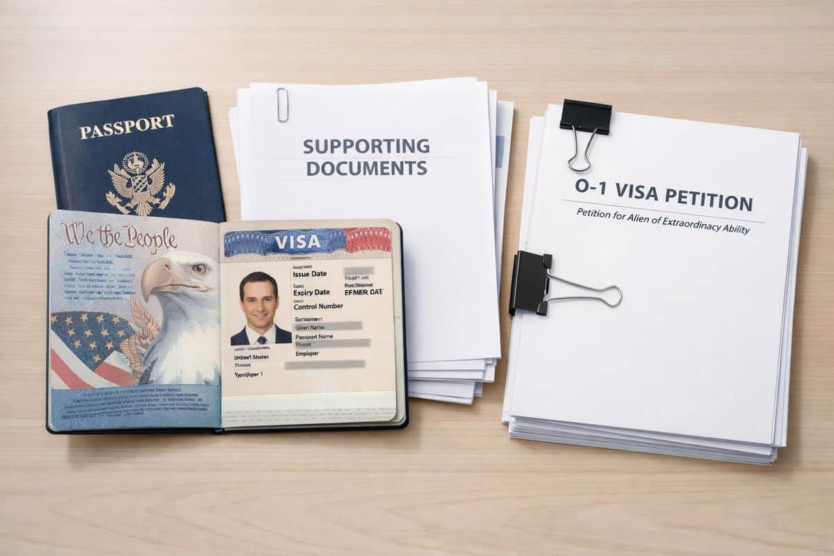 A polished passport open beside a U.S. visa page, a stack of supporting documents, and a formal petition packet tied together with clips on a desk, suggesting a temporary work visa application built around proof of extraordinary ability.