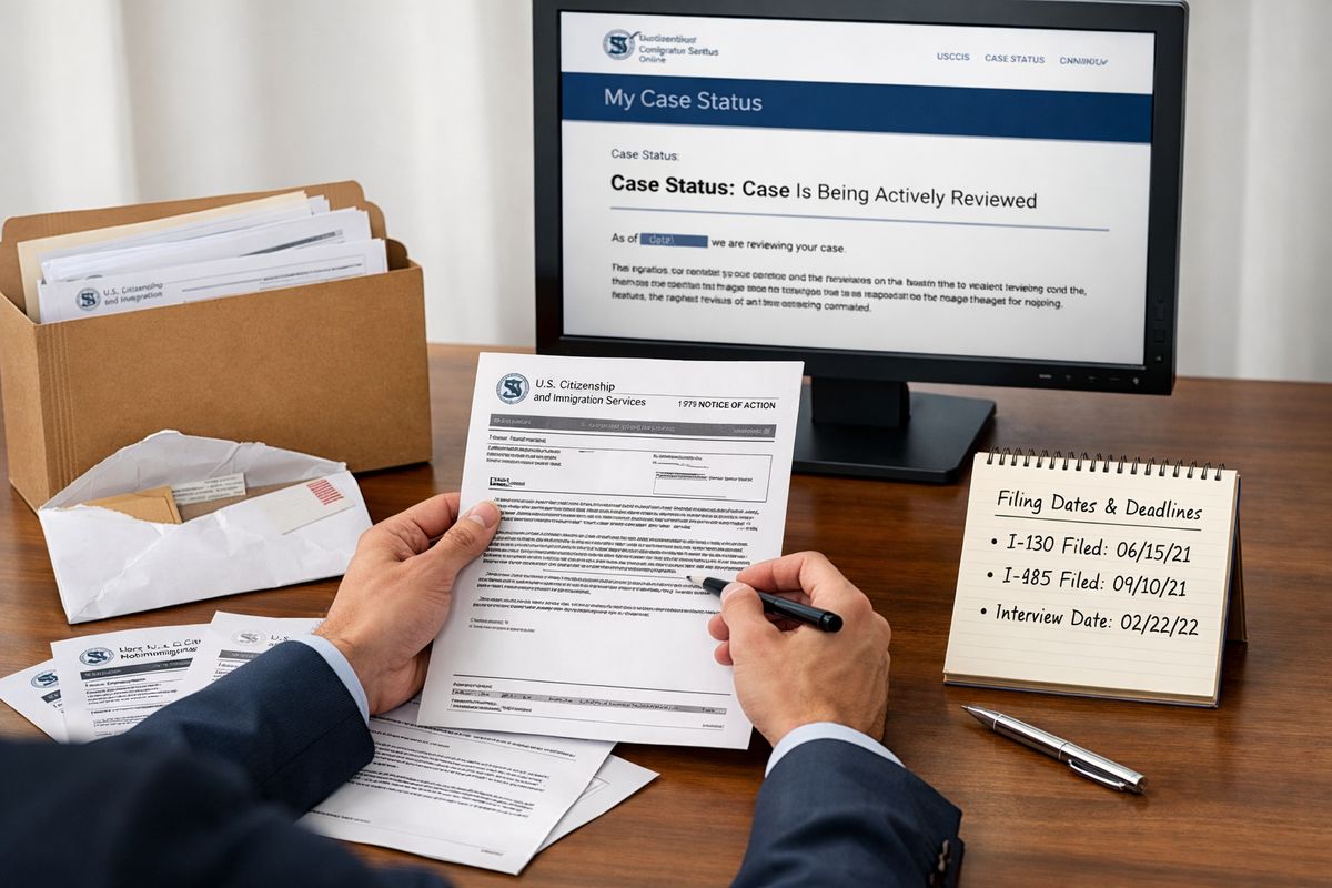 A person reviewing a case file at a desk with printed USCIS receipts, a folder of mailed notices, an opened envelope, and a computer showing an online case status page, with a notepad listing filing dates and deadlines.