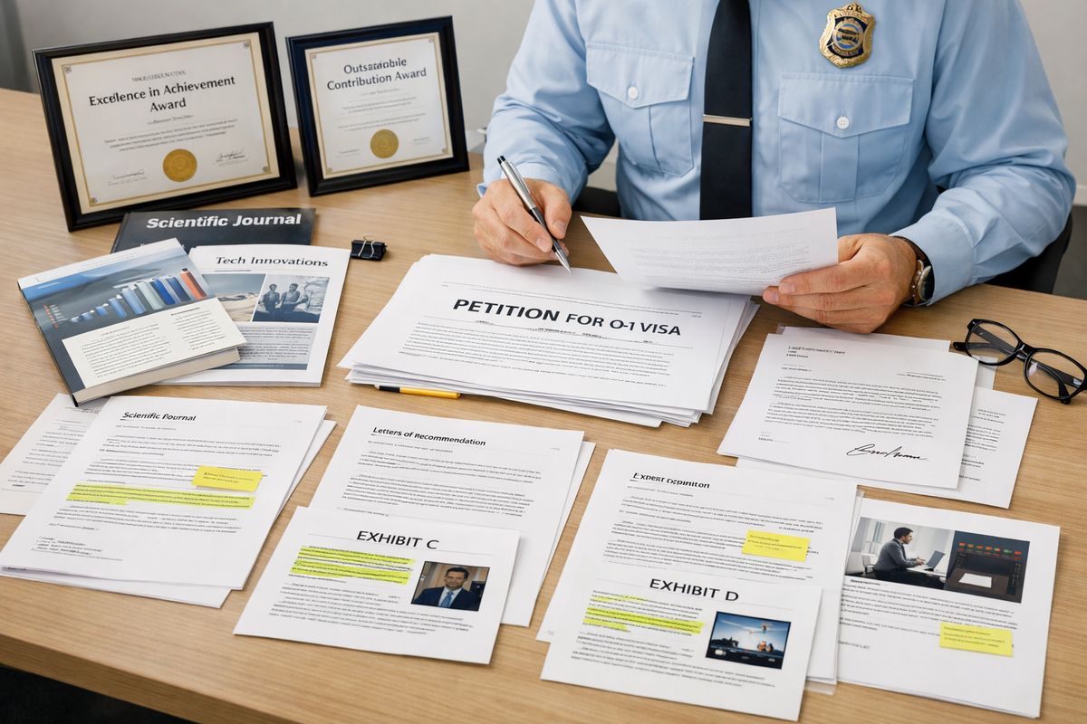A petition file spread across a table with award certificates, publication copies, expert letters, and a few highlighted exhibits arranged in a careful order, showing an officer reviewing whether the full record meets the visa standard.