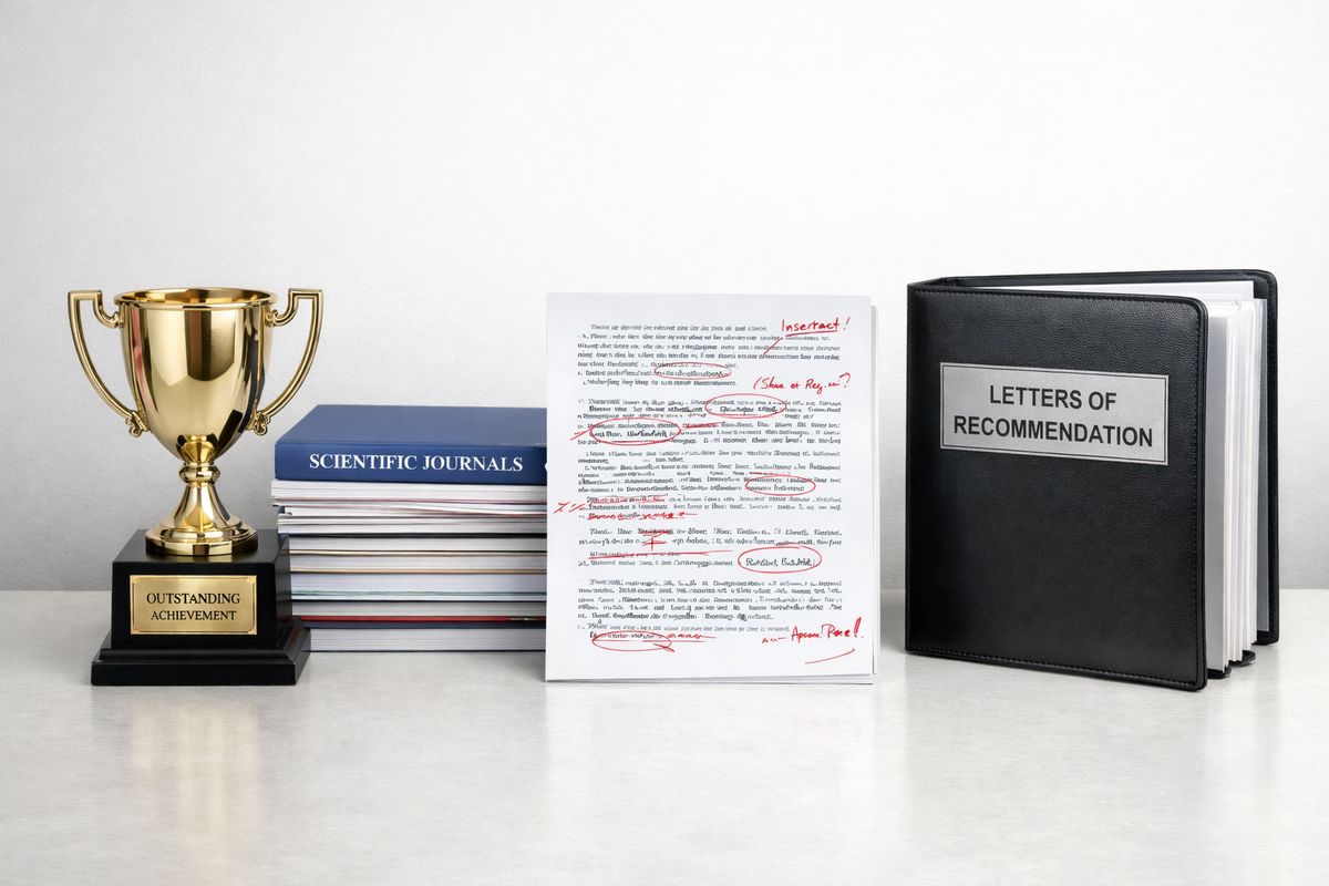 A neatly arranged evidence display with a trophy, a journal article stack, a printed research paper covered in citation marks, and a compendium of recommendation letters, representing different ways a professional can prove qualification.