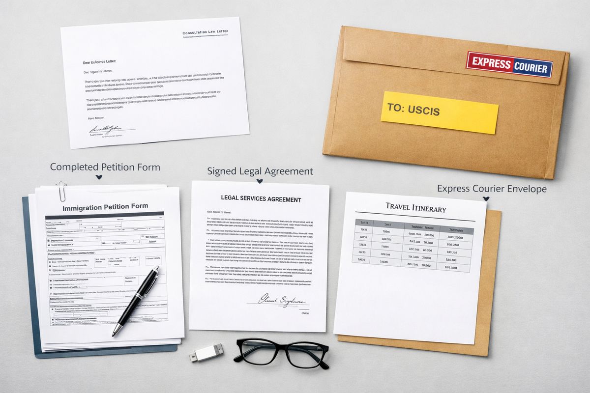 A step-by-step immigration filing setup with a completed petition form, a signed contract, an itinerary sheet, a consultation letter, and a courier envelope ready for submission, illustrating the process from document gathering to filing.