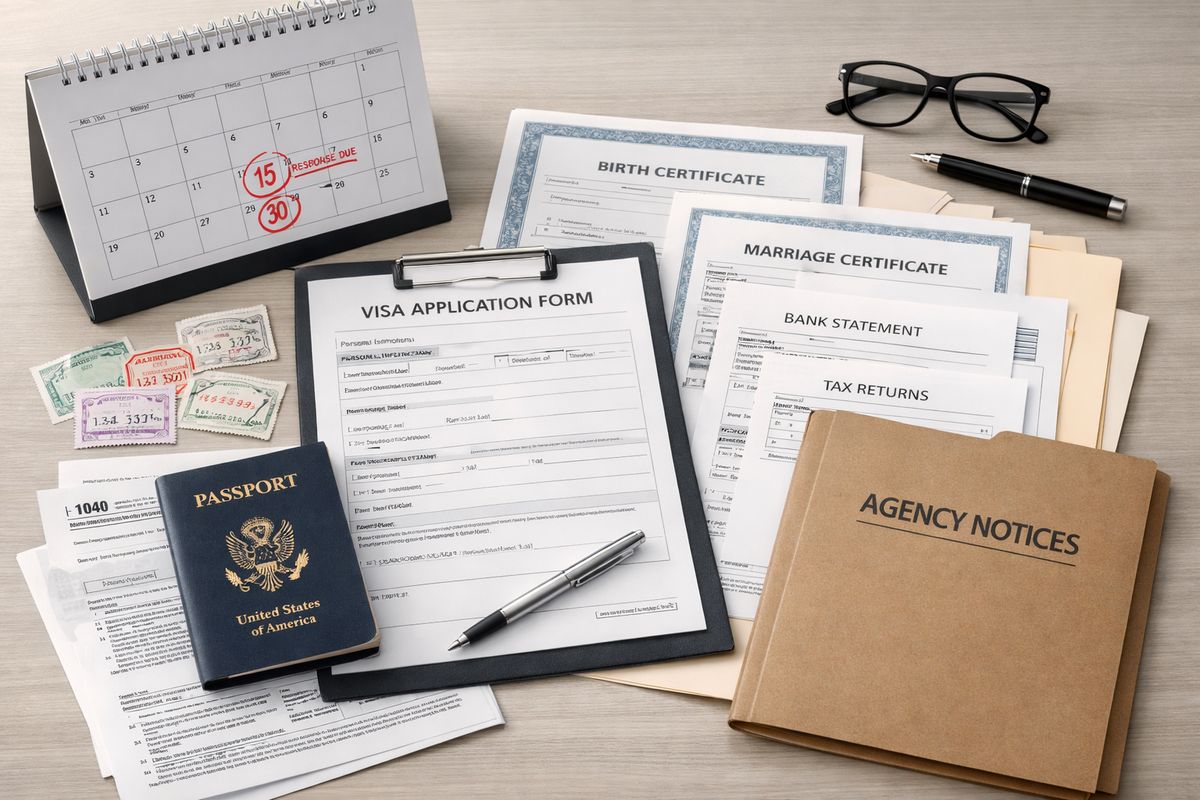 A neatly arranged immigration case file spread across a desk, with a passport, visa application forms, supporting civil documents, financial records, travel stamps, and a calendar showing marked filing and response deadlines beside a folder of agency notices