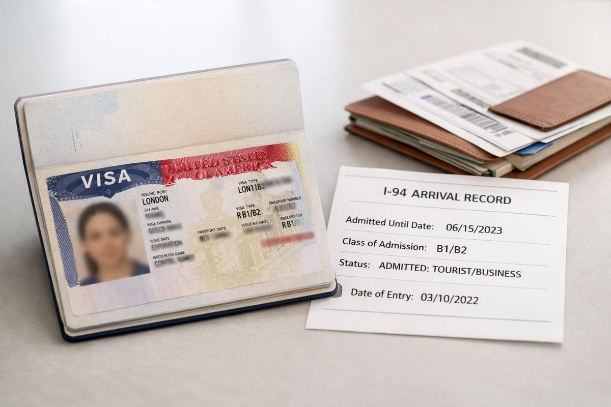 A close-up of a passport open on a table with a U.S. visa foil sticker visible on one page, alongside a separate printed arrival record and a small stack of travel documents, emphasizing the difference between the visa stamp, immigration status, and entry record.