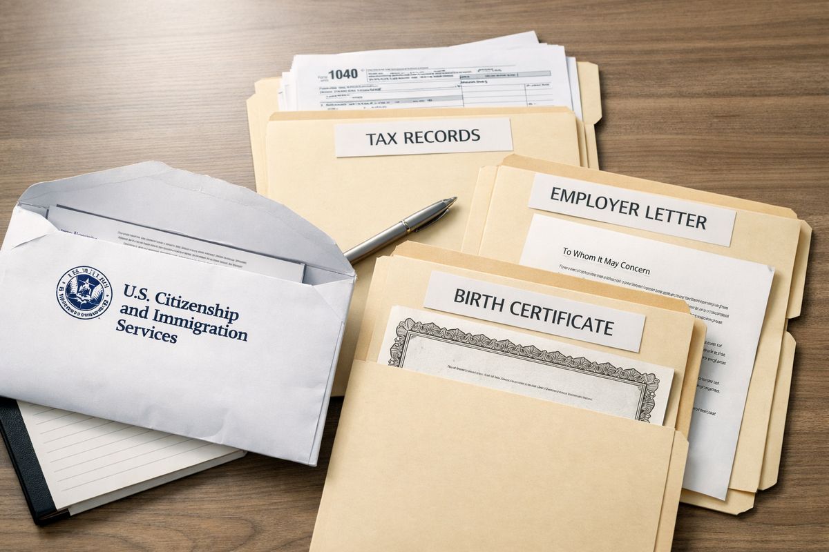 A close-up of a USCIS envelope opened on a table beside a stack of immigration documents, with one folder containing a birth certificate, another containing tax records, and a third containing an employer letter, all spread out as if someone is checking what evidence is missing or insufficient.
