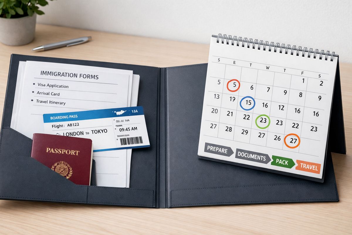 A travel folder opened on a desk with neatly stacked immigration papers, a passport, an airline ticket, and a calendar with several dates circled in different colors, showing a multi-step timeline from preparation to travel