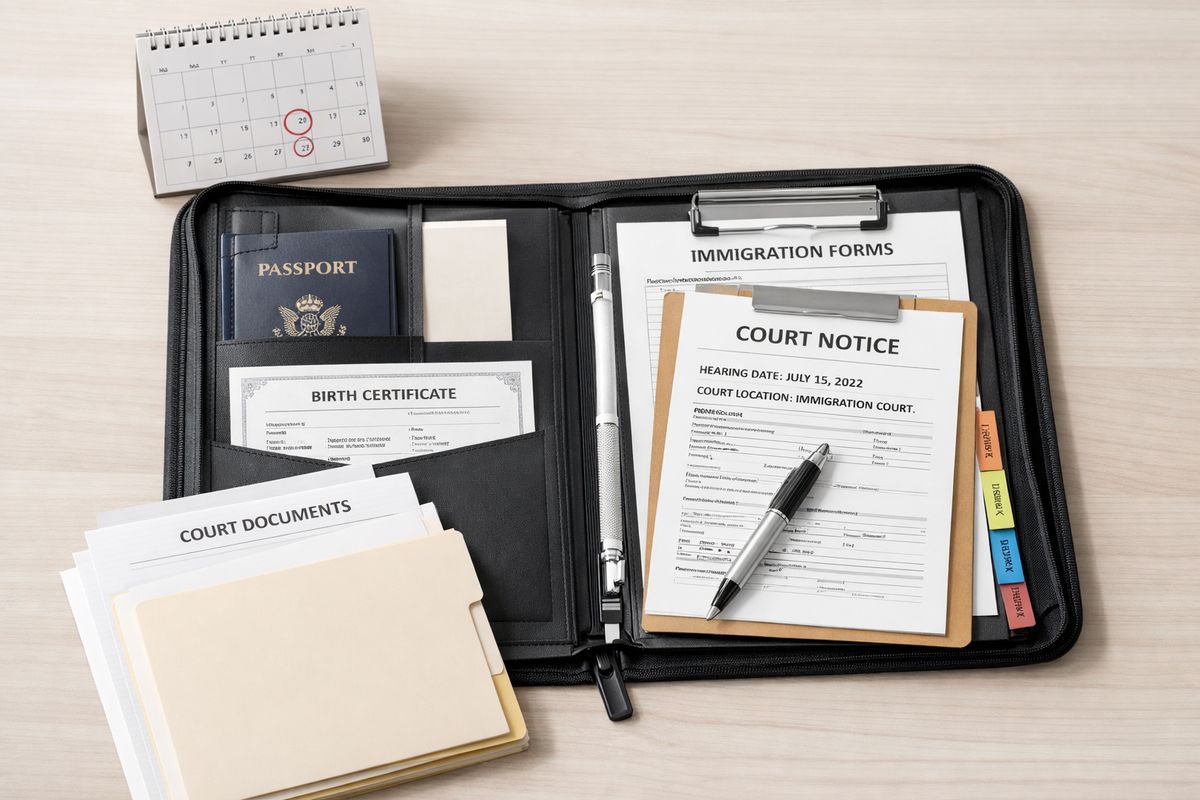 A neatly organized immigration document folder opened on a table, with a passport, birth certificate, court notices, and a calendar next to it, plus a pen and a stack of labeled paper dividers for sorting records