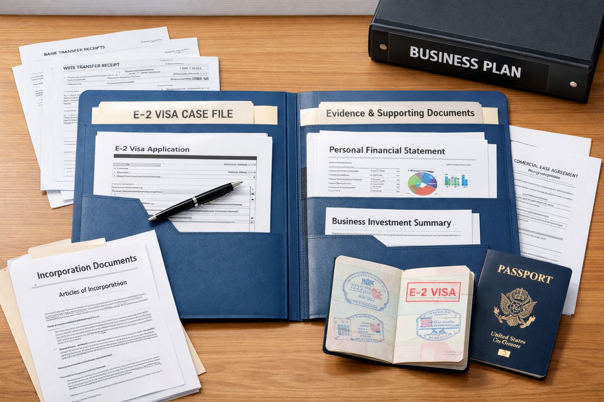 A neatly organized immigration case file on a desk with bank transfer receipts, incorporation papers, a business plan binder, lease documents, and a stamped passport beside it, showing the different pieces of evidence an E-2 visa lawyer reviews and assembles.
