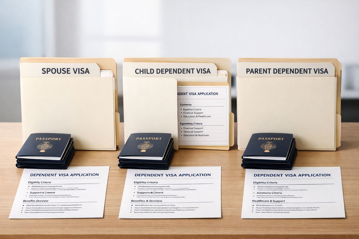 A neatly arranged comparison scene with three immigration file folders on a table, each paired with a small family passport stack and a single document packet, with one folder slightly open to suggest side-by-side comparison of dependent categories and benefits.