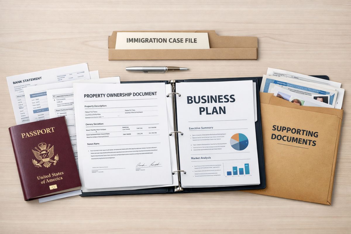 A neatly arranged immigration case file on a table with a passport, bank statements, ownership papers, and a business plan binder spread open beside an envelope of supporting documents