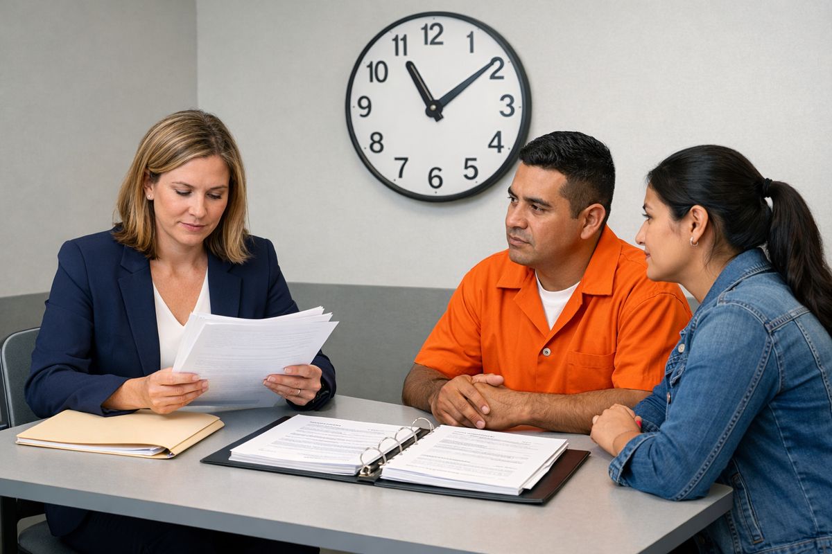 A detention-center meeting room with an immigration lawyer reviewing a stack of papers across a table from a detained immigrant and a family member, with a file folder open, a binder of court notices, and a wall clock emphasizing urgency
