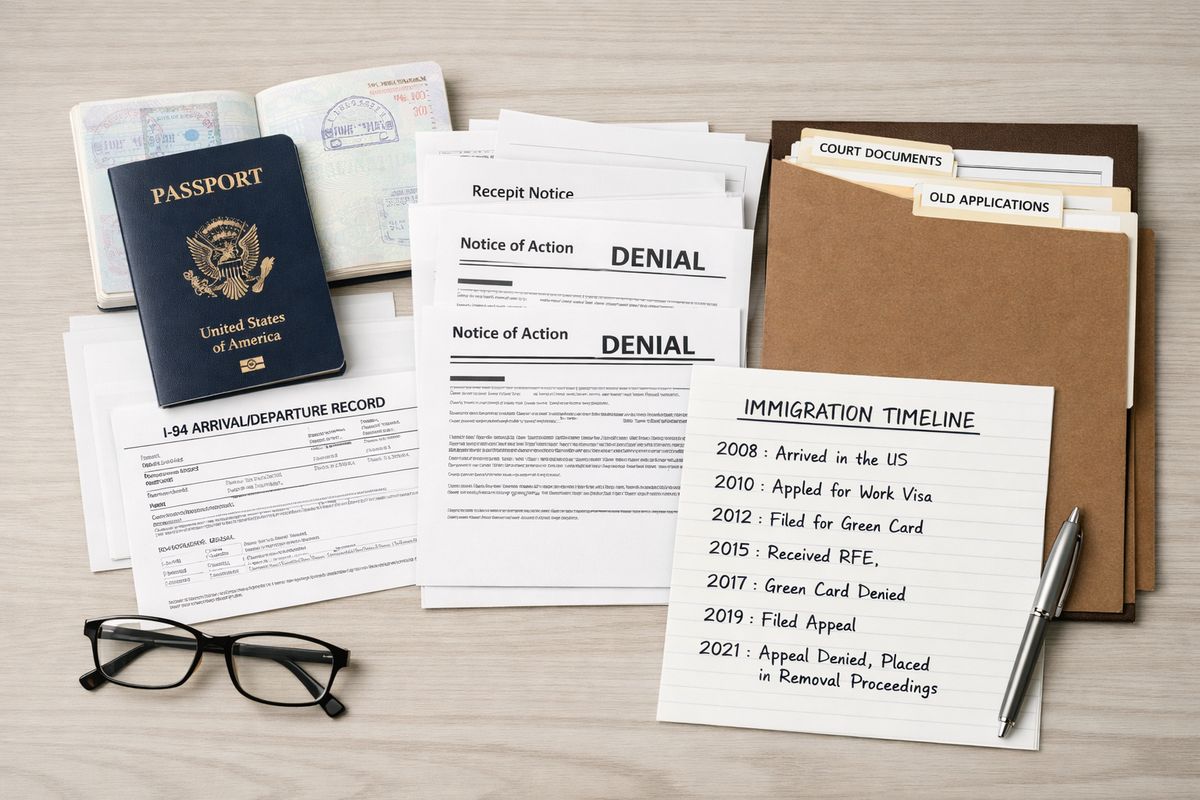 A neatly arranged tabletop with a passport, visa pages, I-94 printout, receipt notices, denial letters, and a handwritten one-page immigration timeline laid beside a folder of court papers and old application forms