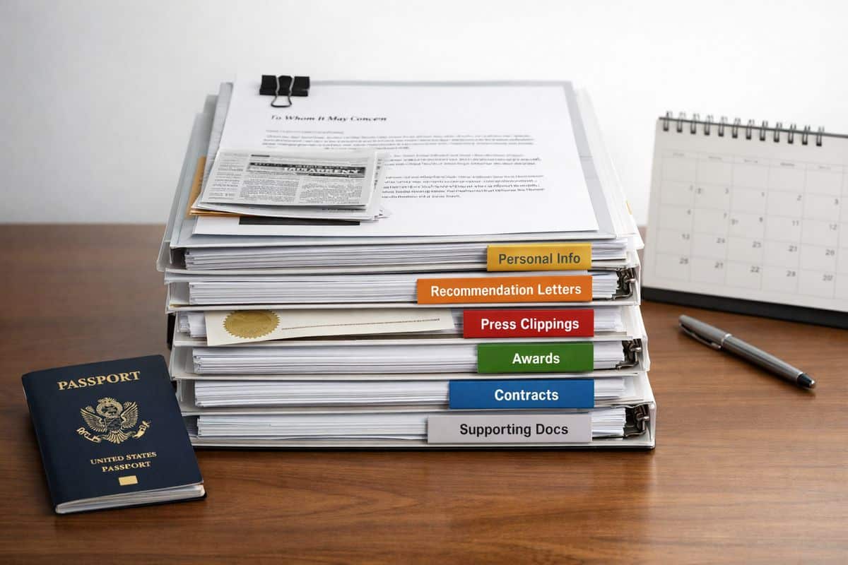 A neatly organized stack of immigration case documents on a desk, with tabs, clipped recommendation letters, press clippings, award certificates, and printed contracts arranged like a trial binder beside a passport and calendar
