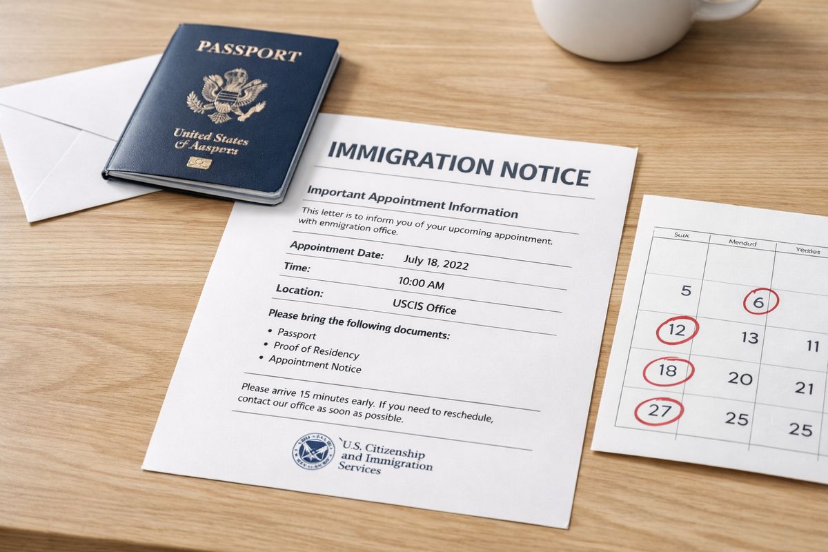 A close-up of an immigration notice paper laid on a kitchen table beside a passport, envelope, and a handwritten calendar with several dates circled in red