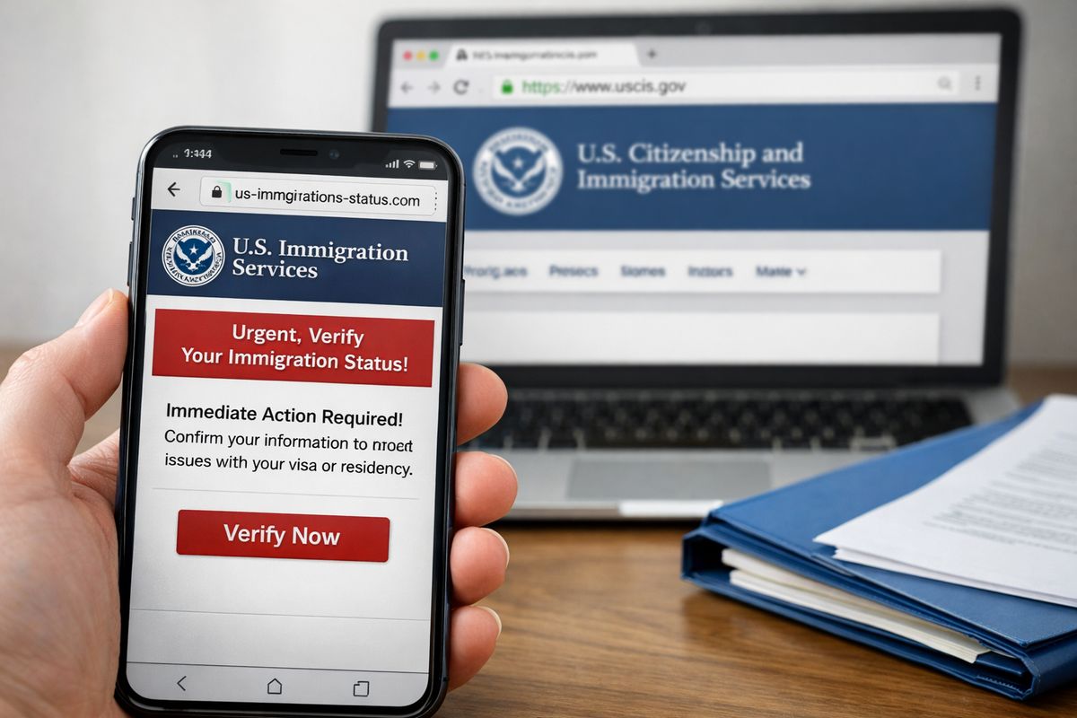 A close-up of a smartphone showing a suspicious immigration message with a nearly identical government-style web page open in a browser, while a second screen in the background displays a real U.S. government immigration site with a plain secure-looking address bar and a blue folder of documents on the table