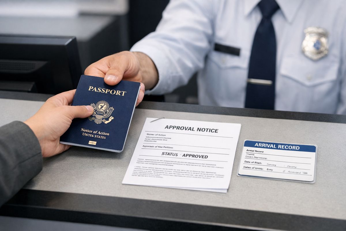 An airport immigration checkpoint scene with a traveler handing a passport to an officer at a counter, while a separate stapled approval notice and a small card-shaped arrival record lie on the counter beside the passport, showing travel admission and status documents as distinct items