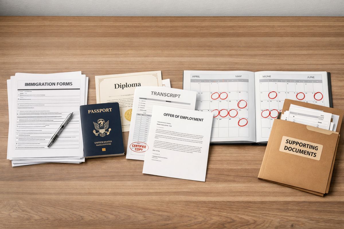 A neatly arranged desk with a stack of immigration forms, a passport, certified copies of diplomas and transcripts, an employer offer letter, a calendar marked across several months, and a folder of supporting documents spread out in stages to show a long multi-step filing process.