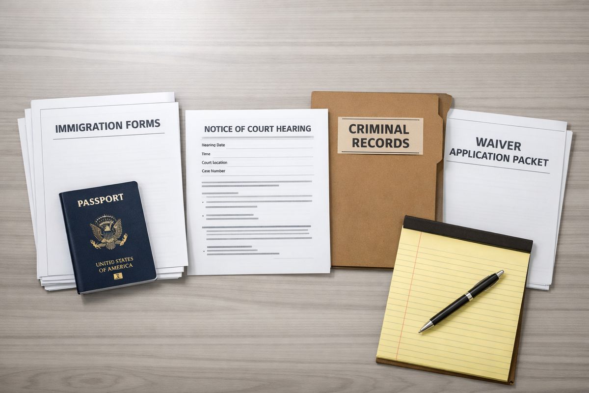A neatly organized desk with a stack of immigration forms, a passport, a court hearing notice, a criminal record folder, and a waiver packet spread out beside a yellow legal pad, showing a case that needs legal review rather than simple form filling
