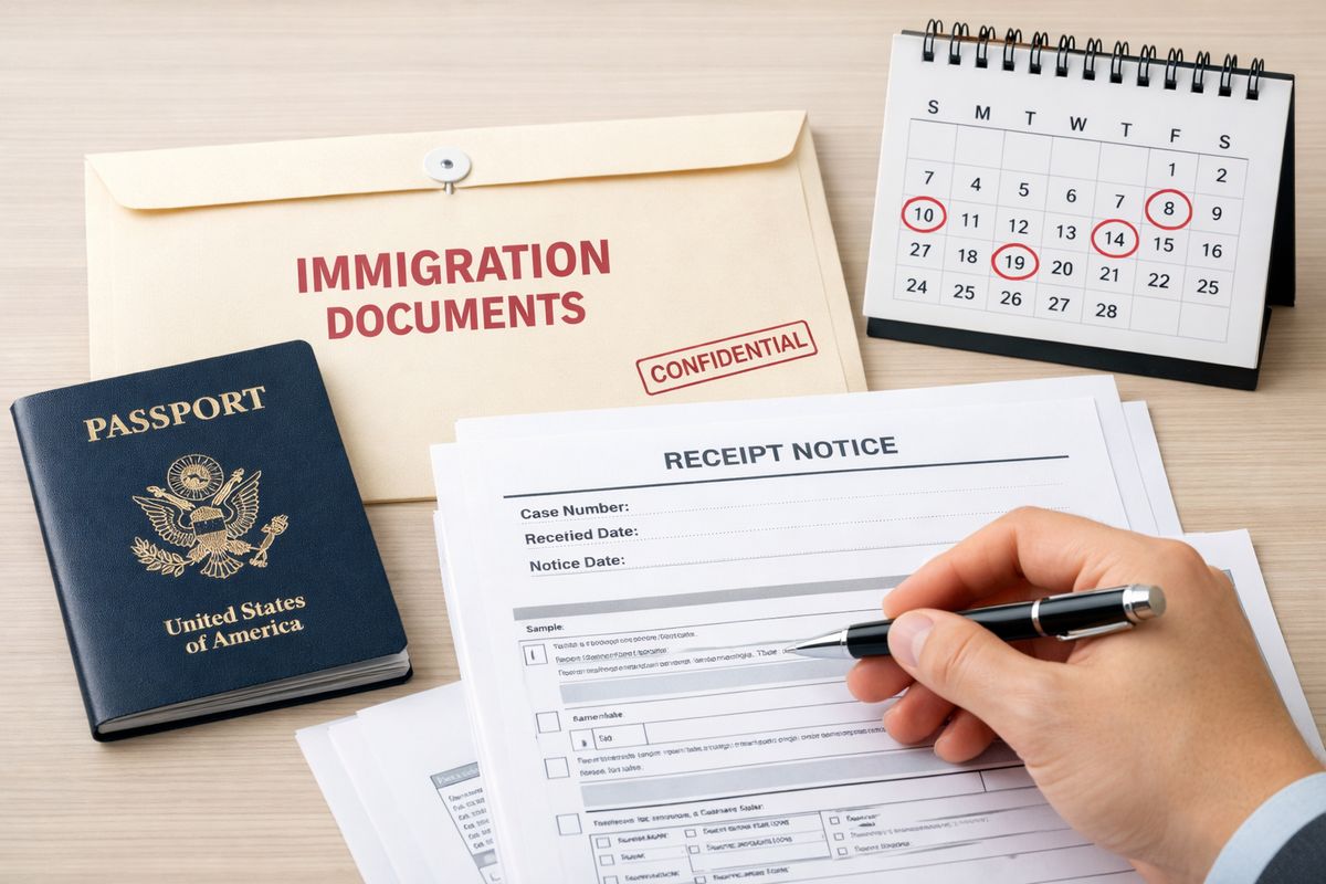 A close-up desk scene with a passport, a sealed immigration envelope, a printed receipt notice, and a calendar marked with several circled dates, alongside a hand holding a pen over a stack of forms