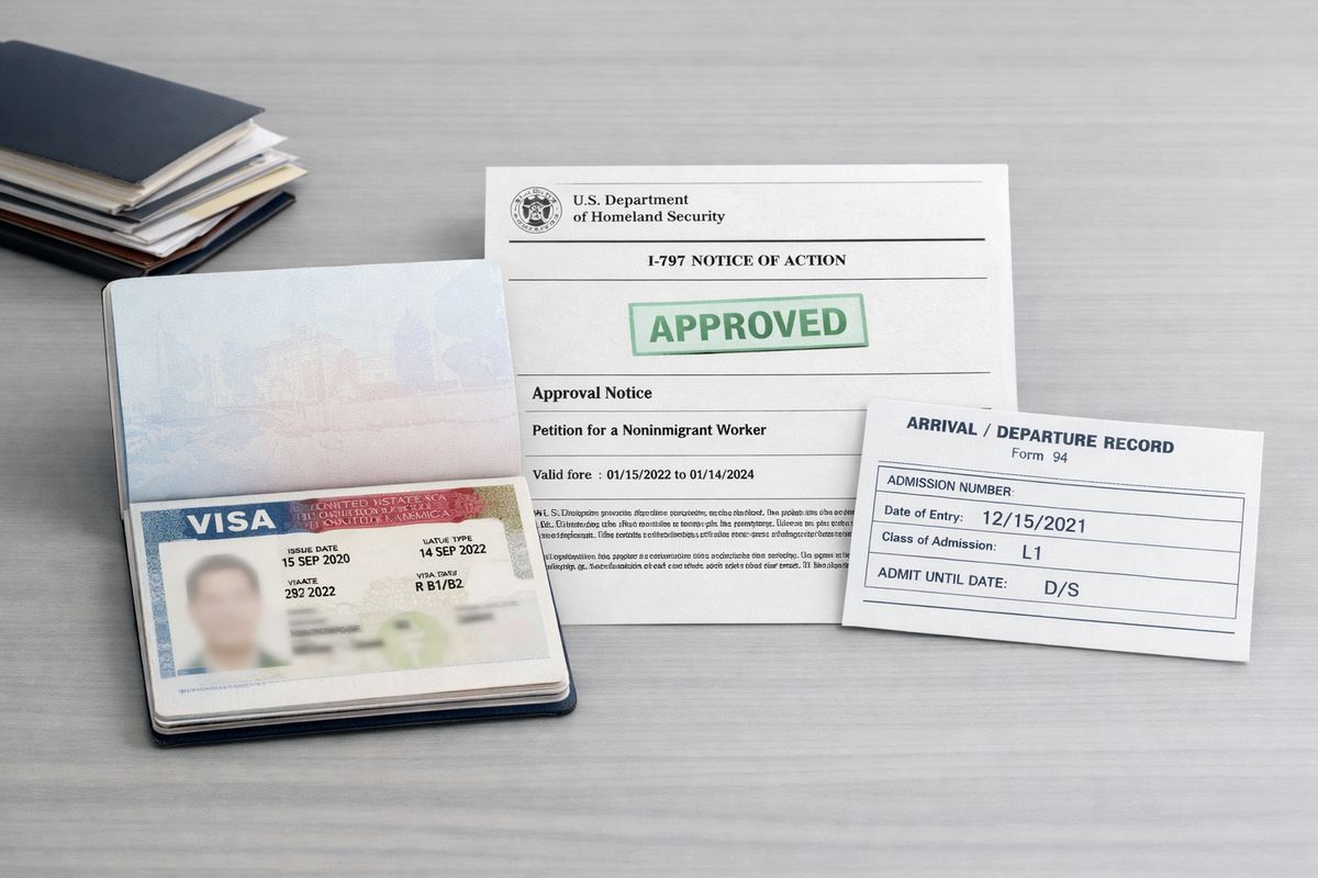A U.S. passport opened to a visa stamp beside a paper approval notice and a separate arrival record card, arranged on a desk with a small stack of travel documents to show the difference between visa validity, status, and petition approval.