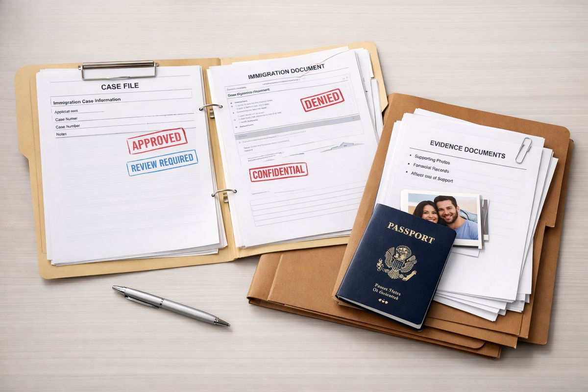 A manila immigration case folder opened on a desk, with several stamped documents, a passport, and a stack of fresh evidence papers placed on top of an older closed file, suggesting a case being brought back for review