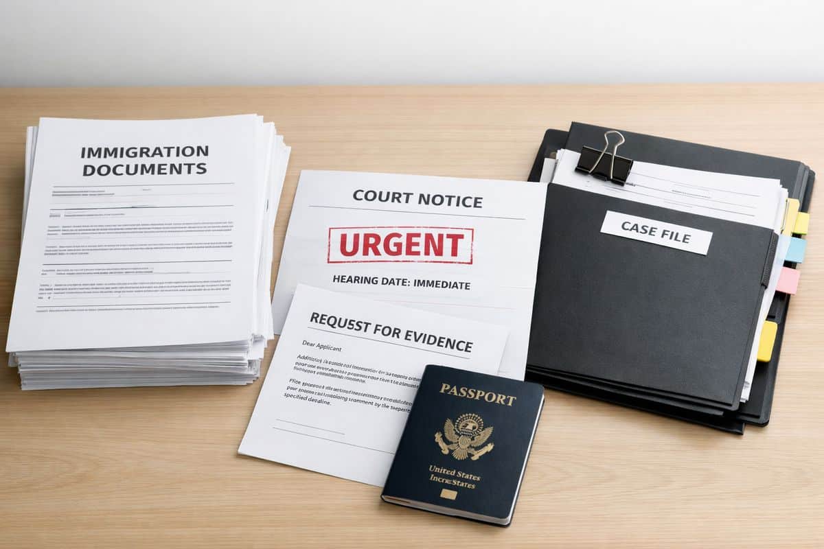A stack of immigration documents on a desk beside a stamped court notice, a request for evidence letter, a passport, and a folder labeled with clipped papers and sticky tabs, showing a case that has become time-sensitive and more complicated than simple paperwork.