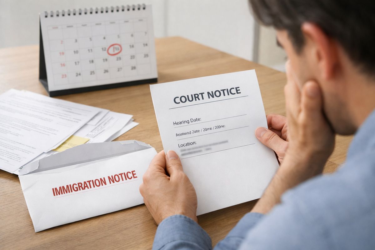 A close-up scene of an immigration notice envelope opened on a kitchen table beside scattered papers, a wall calendar with one date circled, and a person’s hands holding a single court notice with a worried posture