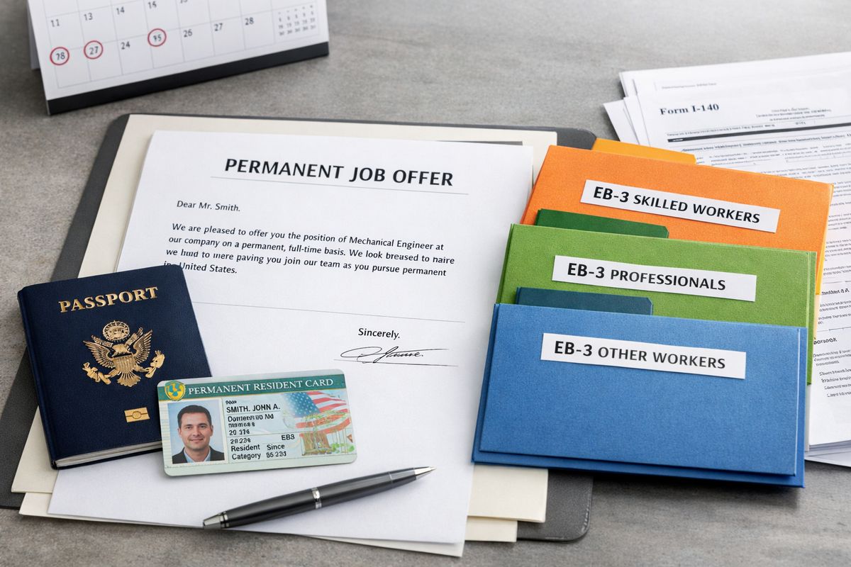 A U.S. employment immigration file spread across a desk with a permanent job offer letter, a green card-style ID card, a passport, and neatly arranged folders representing different EB-3 job categories, with a calendar and paperwork suggesting a path to permanent residence
