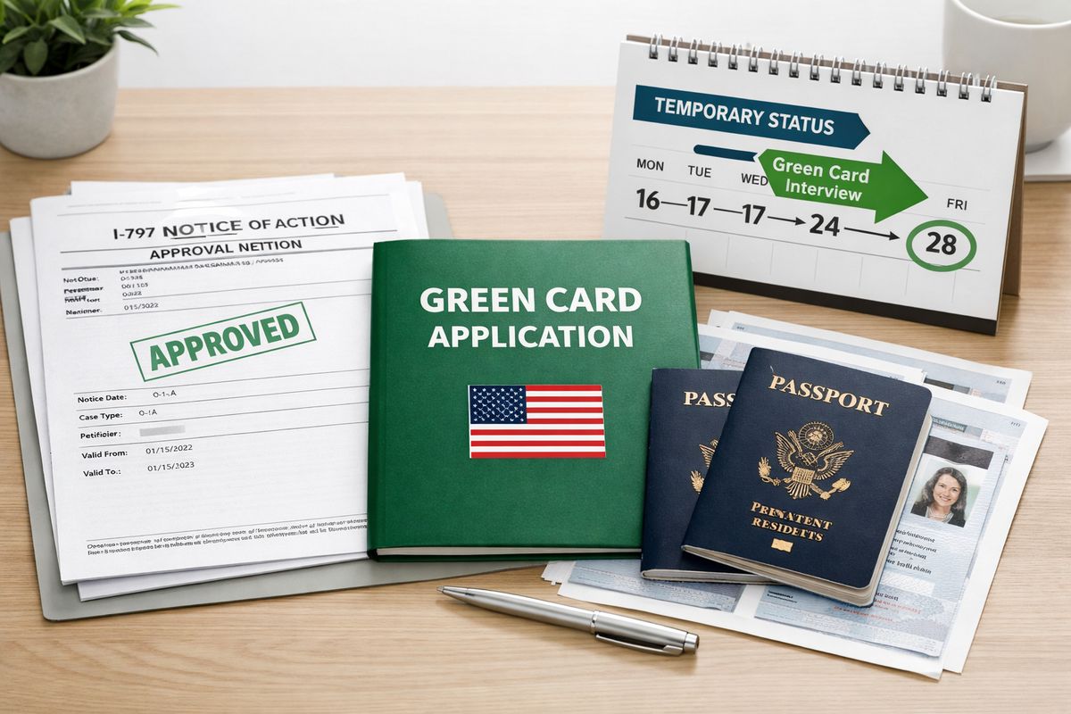 A neatly organized immigration document packet on a desk with an O-1 approval notice, a green card application folder, passport copies, and a calendar showing a fast-moving timeline, suggesting the transition from temporary status to permanent residence.