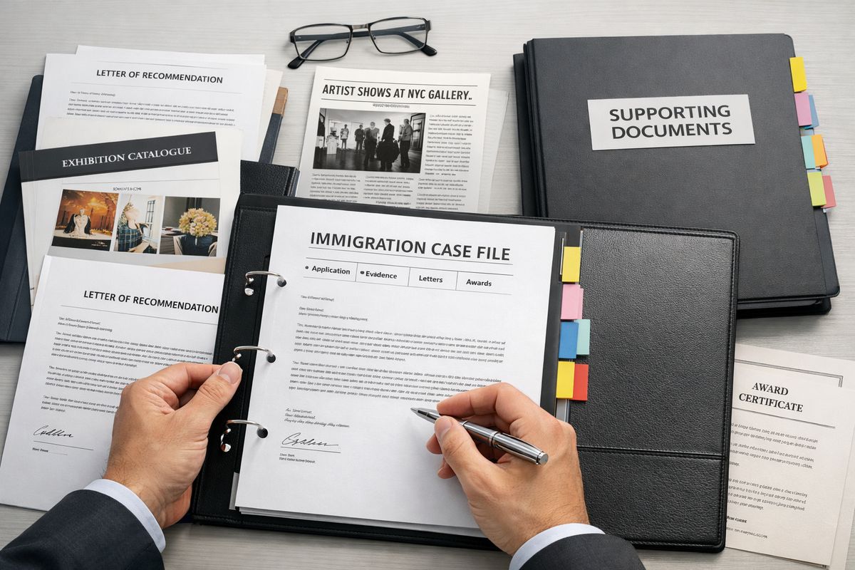 A neatly organized immigration case file spread across a desk, with stacks of supporting documents, printed recommendation letters, newspaper clippings, exhibition catalogs, and a tabbed binder being reviewed by a lawyer’s hands while a second folder marked by colored sticky tabs sits beside it