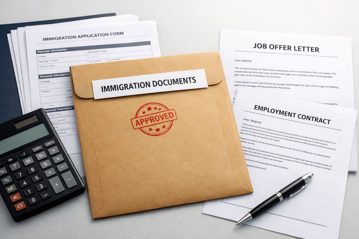 A close-up scene of an immigration paperwork folder on a desk, with a government-style form stack, a job offer letter, an employment contract, and a stamped manila envelope arranged beside a calculator and pen