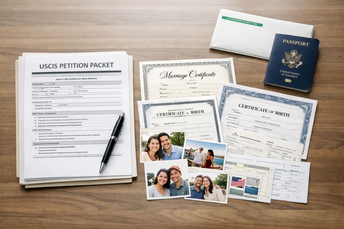 A USCIS-style petition packet on a desk with a marriage certificate, birth certificate, and supporting relationship documents laid out beside it, with an unopened green card envelope and a passport placed farther away to show the petition is only the first step and not the final immigration benefit.