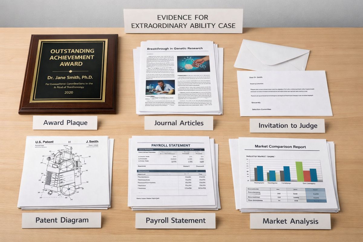 A table covered with evidence items for an extraordinary-ability case: a framed award plaque, printed journal article pages, a judging invitation letter, a patent diagram, a payroll statement, and a market comparison sheet laid out in separate labeled piles