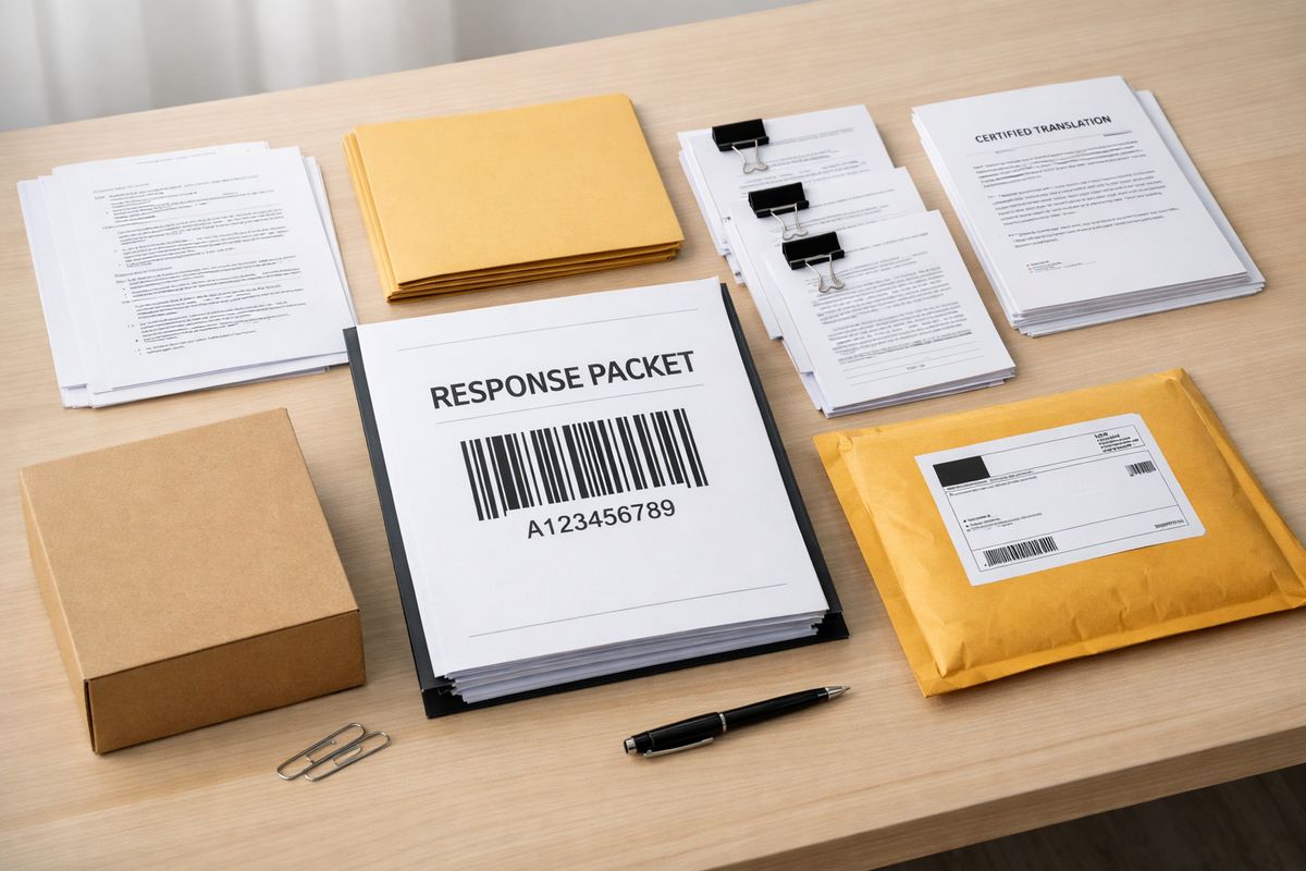 A neatly arranged response packet on a desk with separated stacks of supporting documents, manila folders, clipped exhibit pages, certified translation sheets, a barcode page placed on top, and a shipping box or mail envelope ready for delivery, showing a step-by-step evidence response being assembled before mailing.