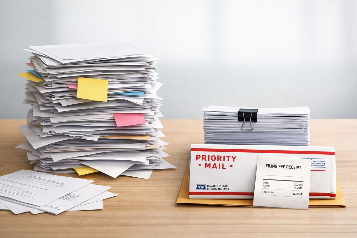 Two side-by-side document stacks on a table, one tall and scattered with extra papers and sticky notes to suggest a slower filing, the other slim and neatly clipped with a priority mail envelope and fee receipt to suggest a faster petition submission