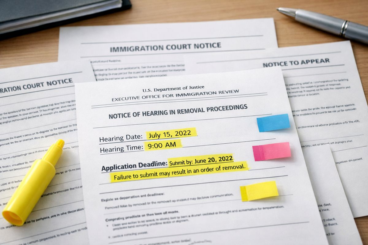 A close-up of several immigration court notices spread across a desk, with one page marked by a highlighter around dates and deadlines, and small sticky flags marking specific sections that need review