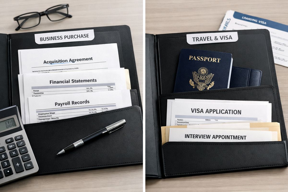 A split visual of two E-2 paths: on one side, a business purchase folder with financial statements, payroll records, and a signed acquisition agreement; on the other, a travel-ready folder with a passport, visa application packet, and an interview appointment folder, representing different case types and filing routes.