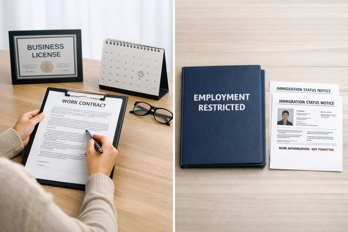 A split visual showing two household paths: on one side, a spouse reviewing a work contract beside a business license and a desk calendar; on the other side, a closed employment folder beside a pair of identical immigration-status documents, emphasizing the difference between spouse work access and work restriction.