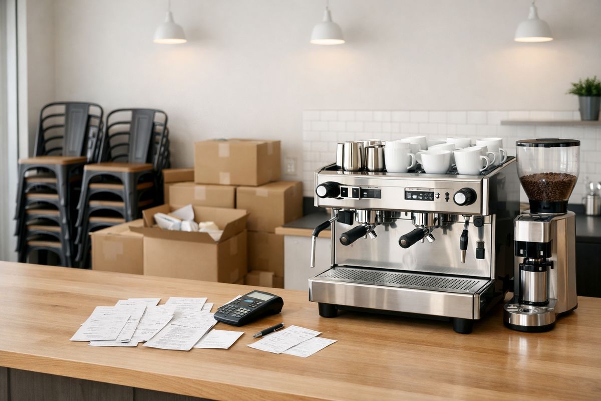 A small café buildout with a leased storefront, newly installed espresso machine, stacked chairs, boxes of inventory, and payment receipts laid out beside the counter