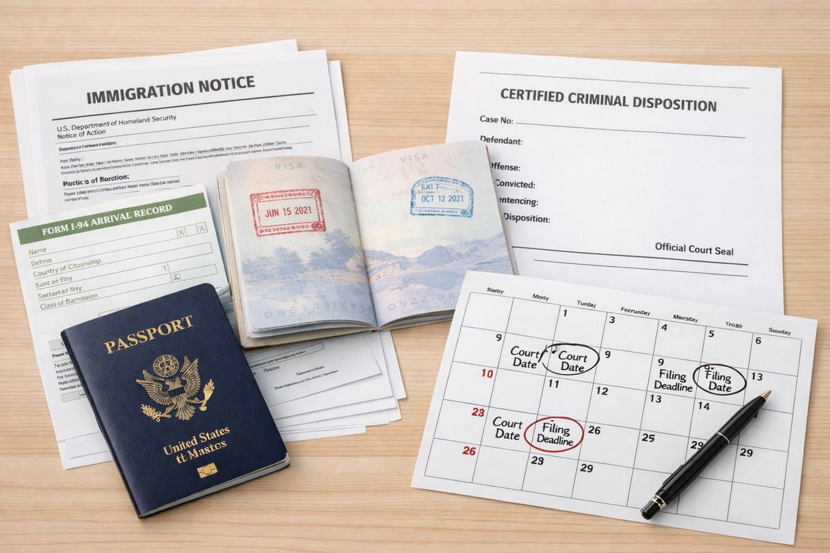 A close-up of a table covered with an immigration notice packet, passport pages, a printed arrival record, a certified criminal disposition, and a calendar marked with multiple court dates and filing deadlines