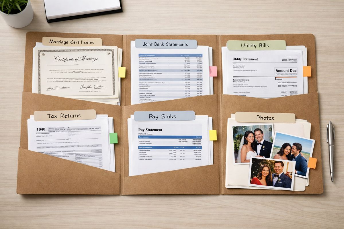 An open folder spread across a desk with marriage certificates, joint bank statements, utility bills, tax returns, pay stubs, and dated photos grouped into labeled stacks, with a few papers marked by sticky tabs