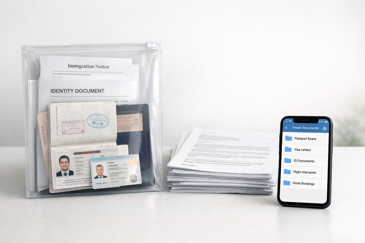 An organized file setup with a clear plastic folder containing passport pages, immigration letters, and identity documents, next to a separate stack of scanned papers and a phone showing a cloud storage folder