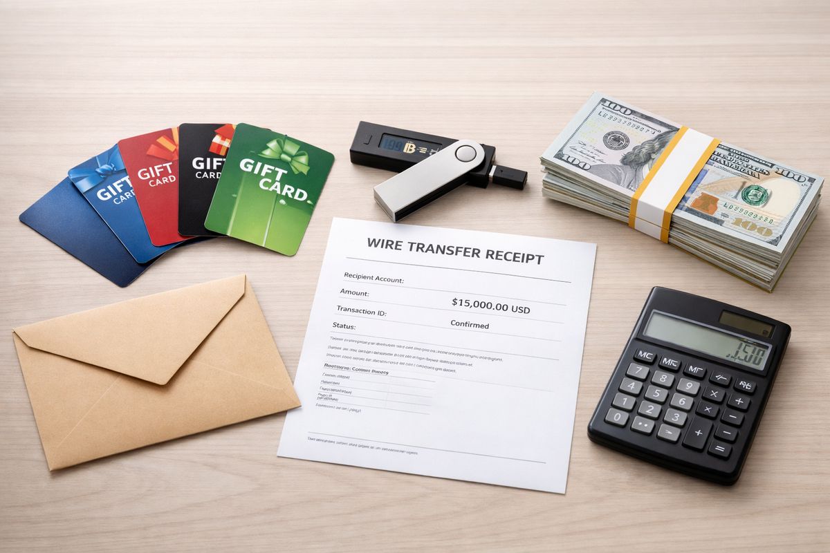 A desk with several gift cards fanned out beside a cryptocurrency hardware wallet, a wire transfer receipt, and a stack of cash, with an envelope and a calculator nearby to suggest an unusual payment request for legal help