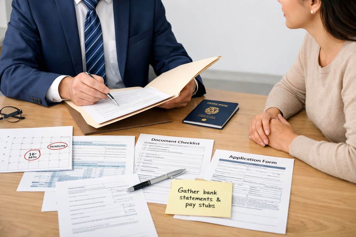A consultation table with a lawyer and client reviewing a case file, a calendar page marked with deadlines, a passport, tax returns, and several forms spread out as they discuss strategy, timeline, and what documents still need to be gathered.