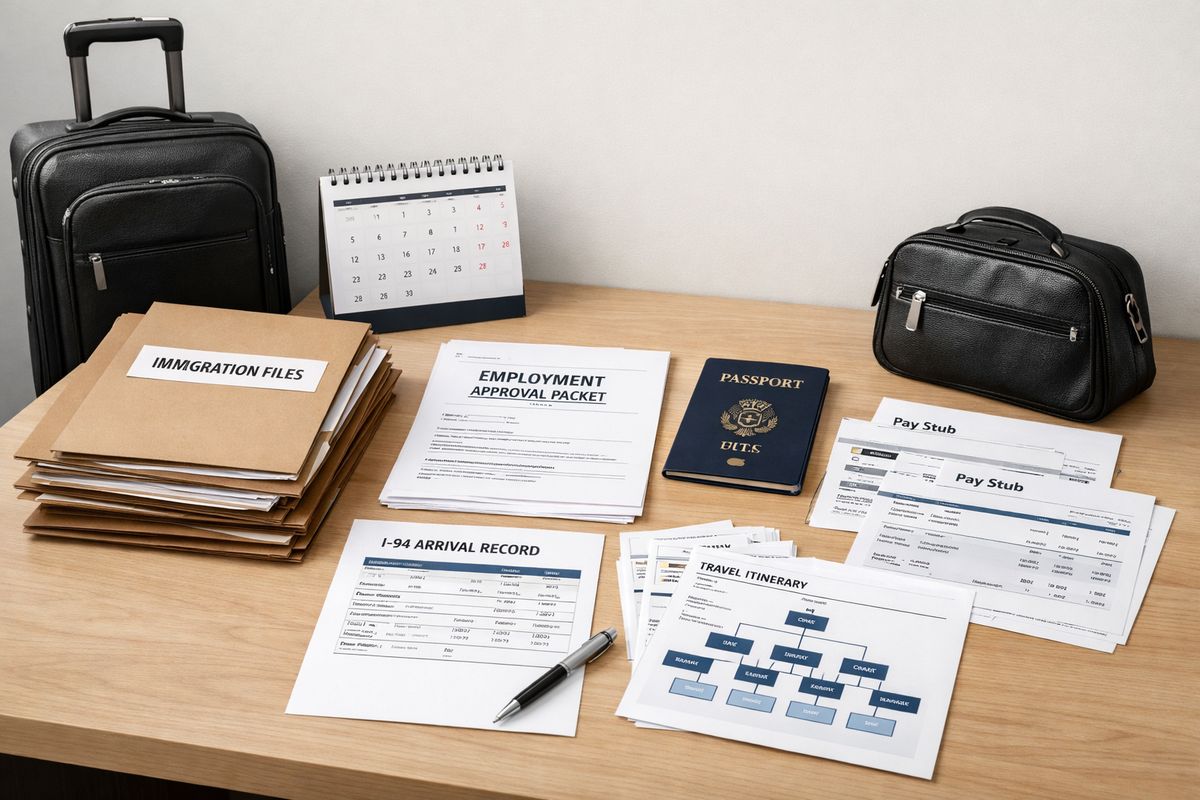 A compliance desk with a stack of immigration folders, a printed employment approval packet, a passport, an arrival record, pay stubs, a travel itinerary, and a corporate organizational chart spread out for review, with a calendar and a suitcaseside travel bag nearby to suggest ongoing status tracking and record keeping