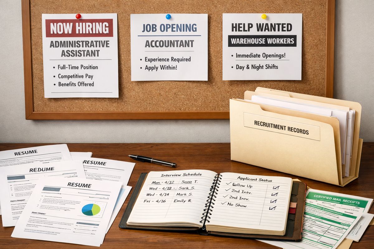 A recruiting workflow scene with printed job ads pinned to a bulletin board, résumés laid out on a table, a notebook tracking interview dates and applicant responses, and a manila folder holding recruitment records and mailing receipts to show documentation-heavy labor certification steps.