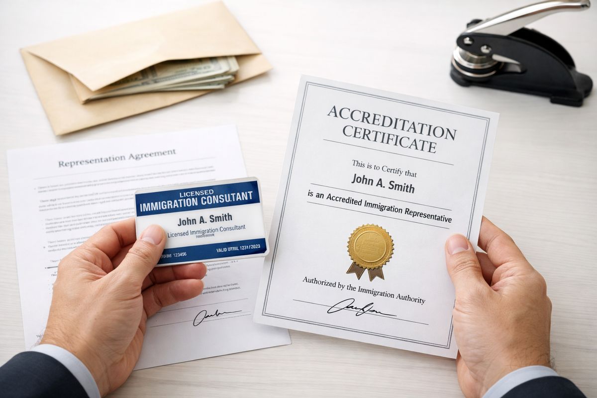 A close-up scene of someone checking a professional license card and an official accreditation certificate next to a signed representation agreement, with a folded cash envelope and a notary-style seal discarded off to the side, suggesting how to verify legitimate immigration help and avoid scams