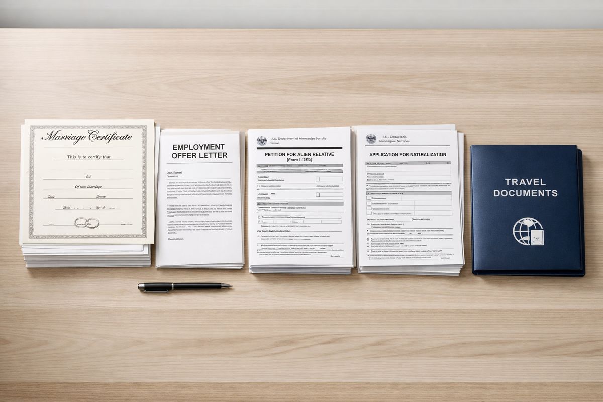 A neatly arranged set of immigration documents on a table, including a marriage certificate, employment offer letter, I-130-style petition packet, naturalization application papers, and a travel document folder, with each stack separated into different piles