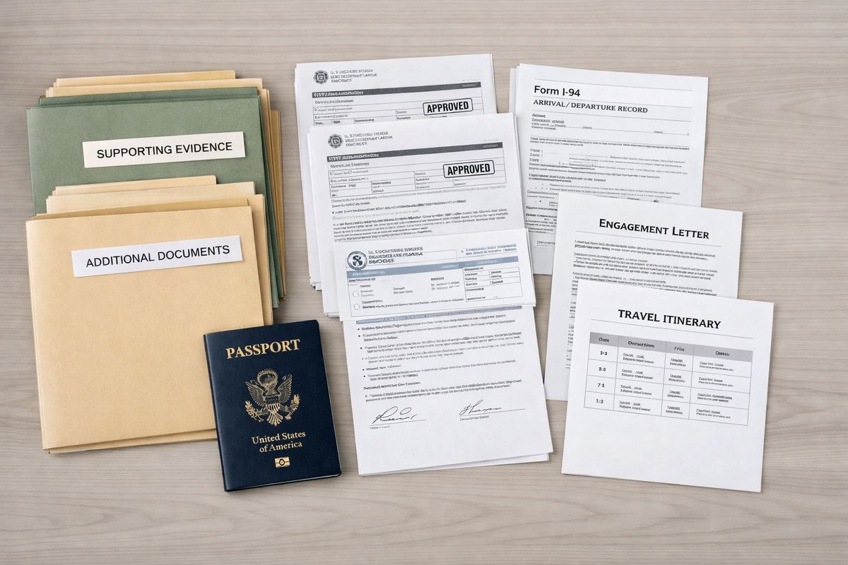 A neatly organized immigration packet spread across a table with a passport, previous approval notices, a current arrival record, a contract, an engagement letter, an itinerary sheet, and several supporting evidence folders grouped into separate piles.