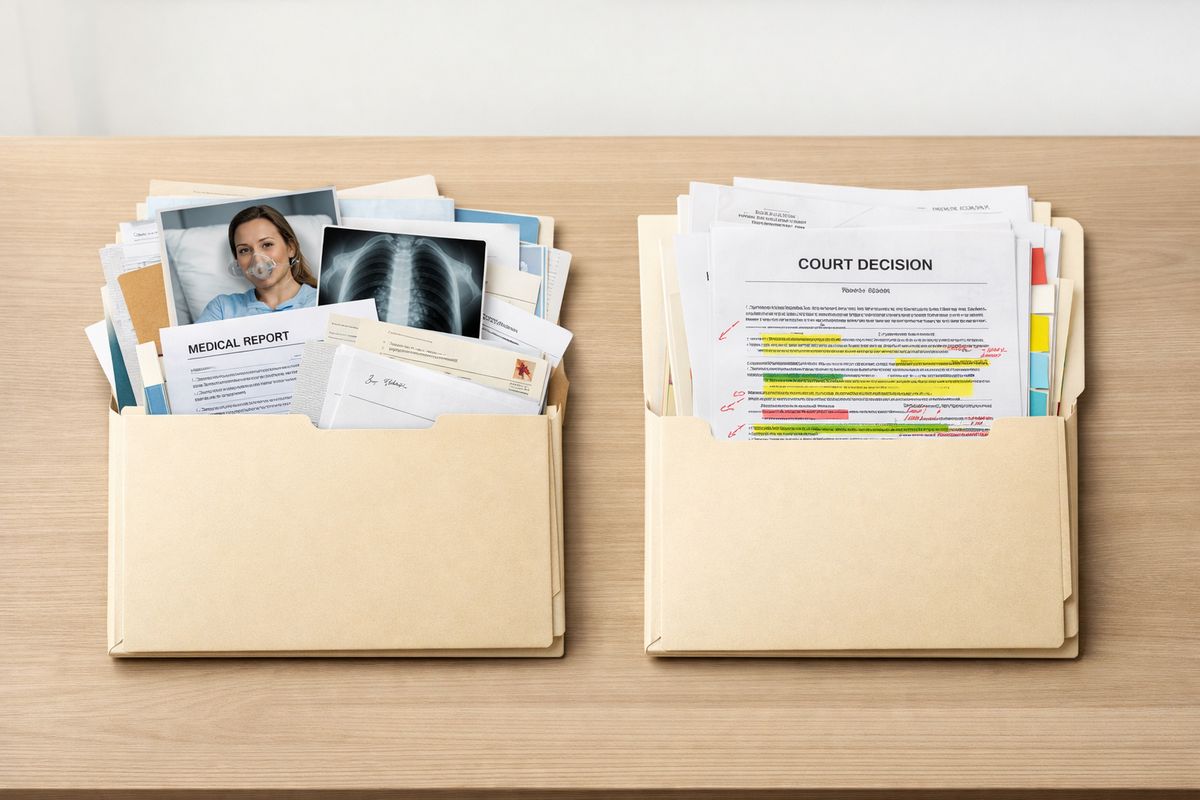Two separate legal folders side by side on a table, one with new photographs, medical records, and recent letters spilling out, and the other with marked-up copies of a court decision and highlighted pages, showing two different filing approaches